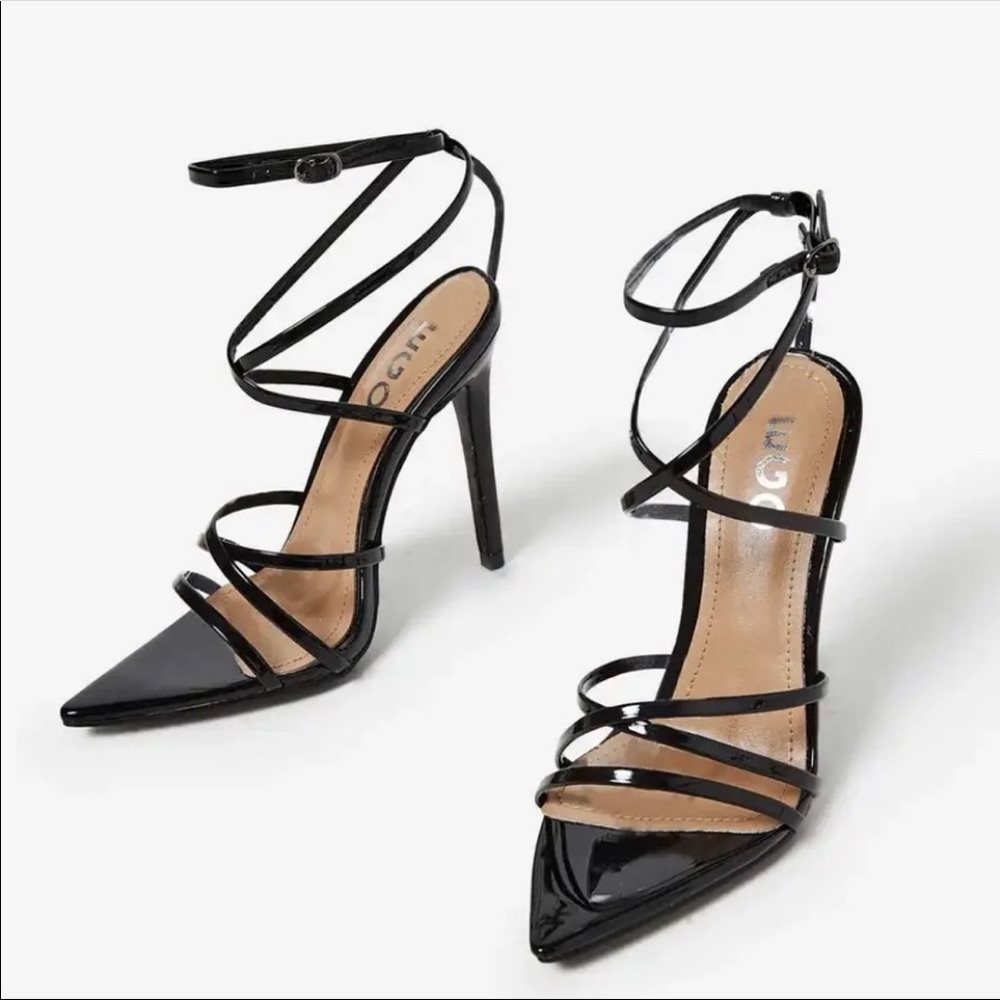 EGO Black Patent Strappy Pointed-Toe Heels